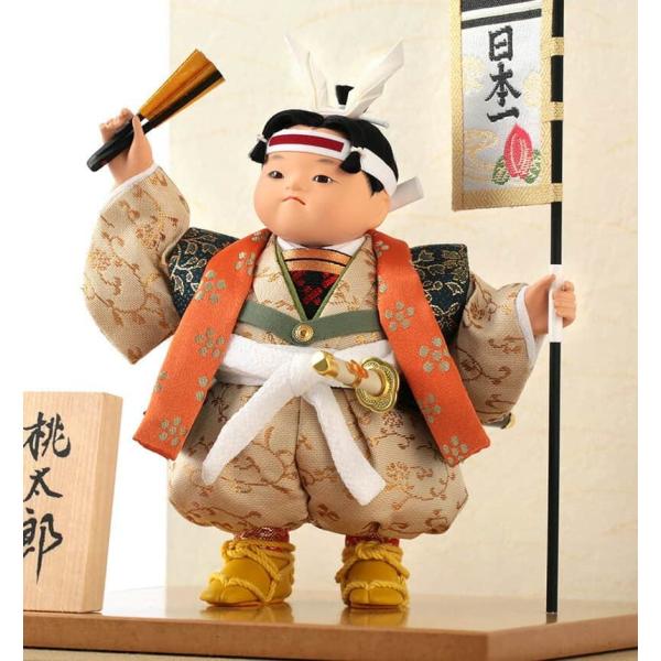 五月人形幸一光松崎人形桃太郎武者人形ケース飾り五号日本一旗付