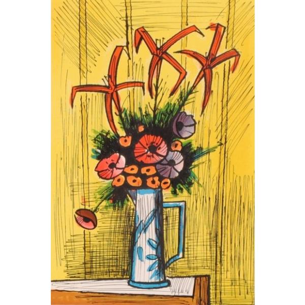 ベルナール・ビュッフェ（アネモネとユリの花束）肉筆保証/表裏サイン有/油彩/絵画 ベルナール・ビュッフェ 絵画 花 百合 アネモネ 絵 静物画