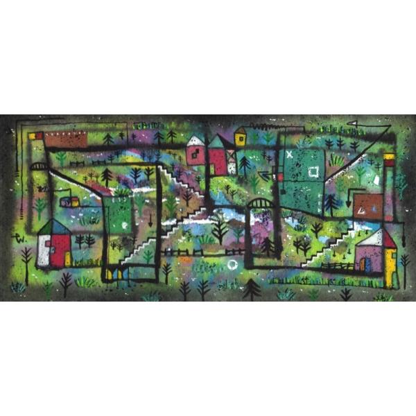 抽象画 絵画 現代アート 水彩画 若松愛子 「水無月の村」 額付き 