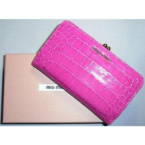 ミュウミュウ miumiu クロコ型押し がま口付長財布 ピンク ペオニア