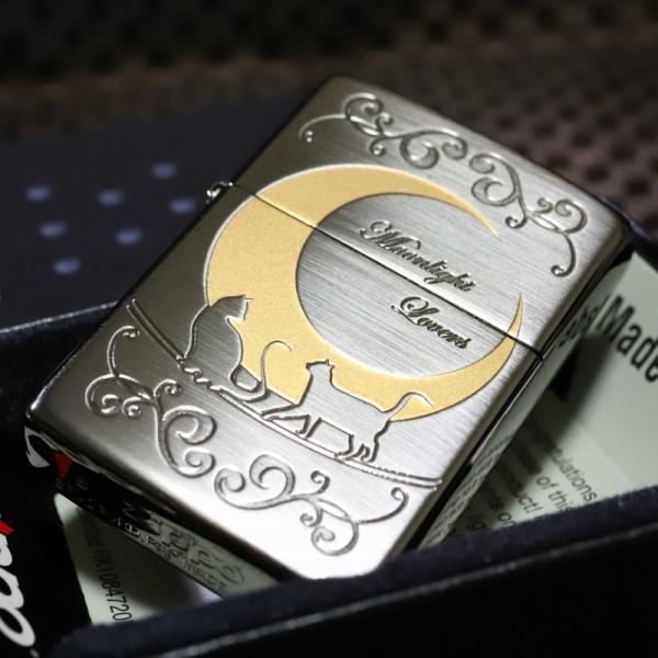 ZIPPO 猫 三日月 ブラックサテン 黒 かわいい ネコと月 ライター