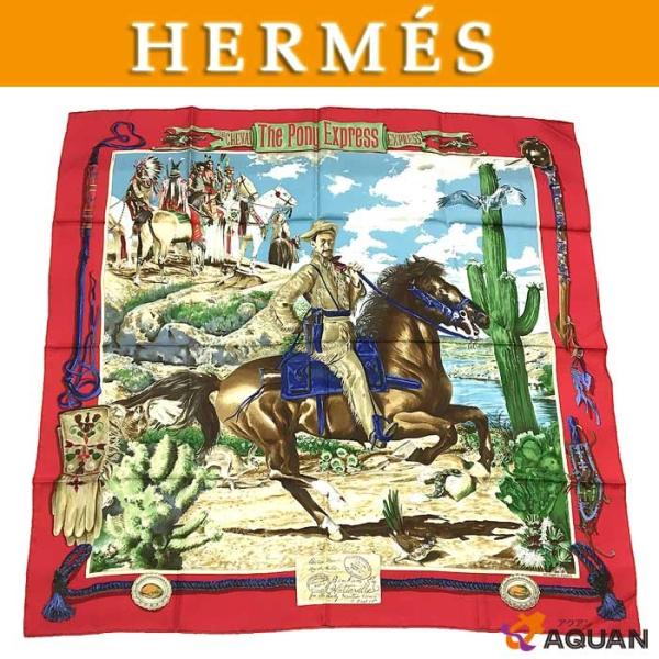 レア物 希少 HERMES エルメス 大判カレ スカーフ THE PONY EXPRESS 郵便社 シルク レッド /【Buyee】