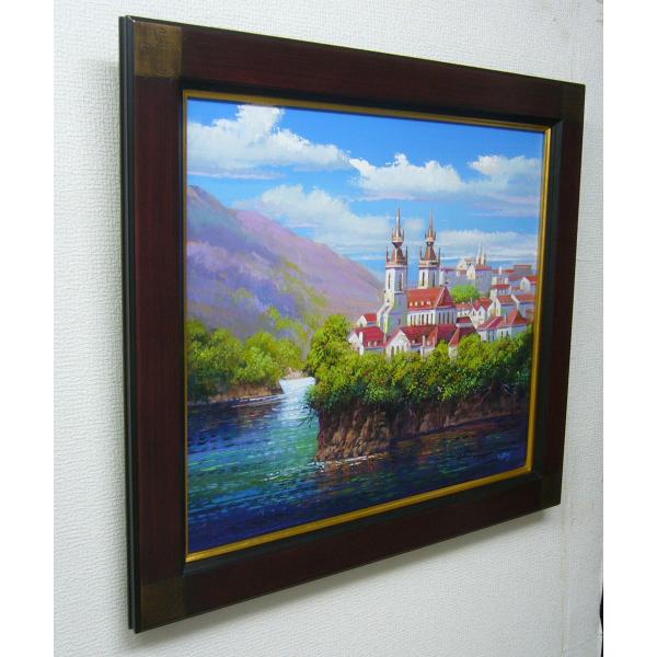 竹内敏彦 絵画 油絵 肉筆油絵 風景画 湖畔 古城 F10 竹内敏彦 絵画 油絵 肉筆油絵 風景画 湖畔 古城 F10