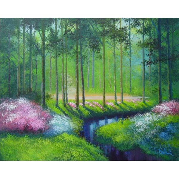 竹内敏彦 絵画 油絵 肉筆油絵 風景画 桜並木 F6 送料無料 - 美術品