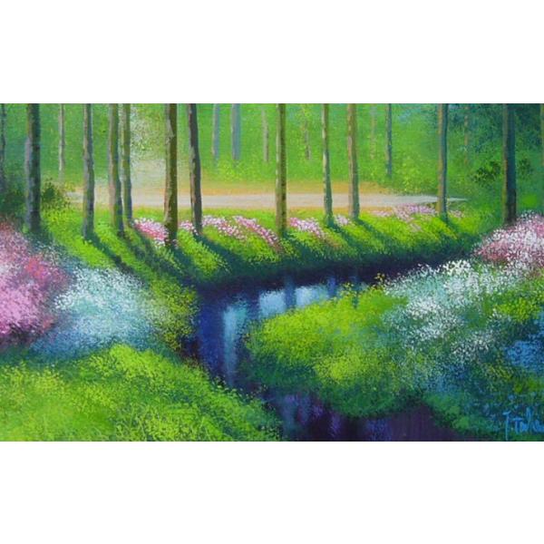 竹内敏彦 絵画 油絵 肉筆油絵 風景画 花園 F6 送料無料 - ホビー 