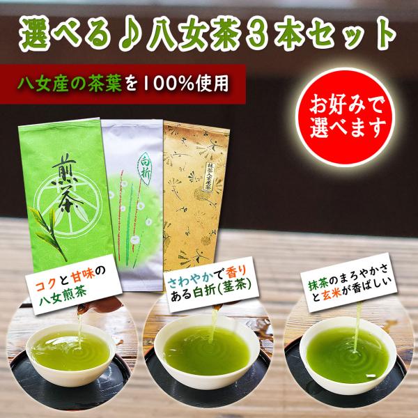 お茶選べる八女茶3本セット煎茶100ｇ 白折100ｇ 抹茶入り玄米茶100ｇ