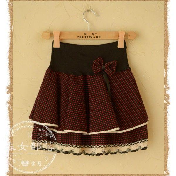 可愛いリボン付き 2段ティアードミニスカート 水玉柄 森ガール 2色