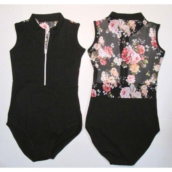 大人レオタード M 黒 ハイネック花柄メッシュ レオタード ZIP バレエ