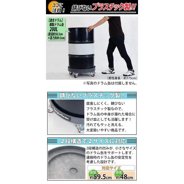 ドラム缶キャリー グレー 荷重400kg 全キャスターストッパー付き