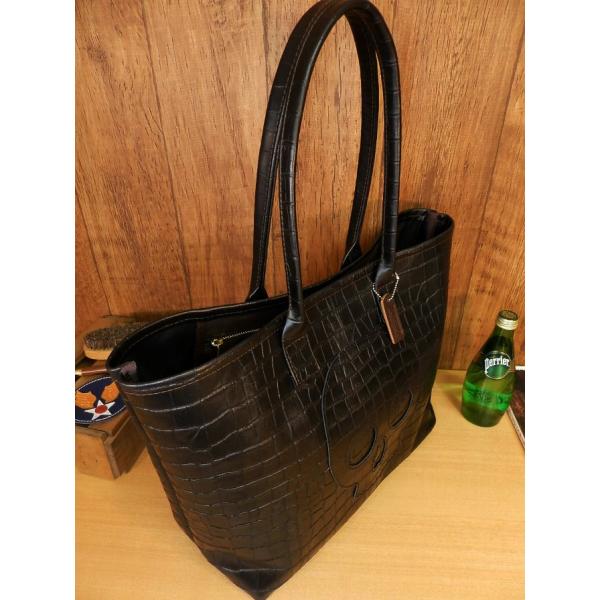 国産レザーPROTO LEATHERS ブラック トートバッグ Proto Leathers/クロコ型押レザー×特大スカル トートバッグ 黒