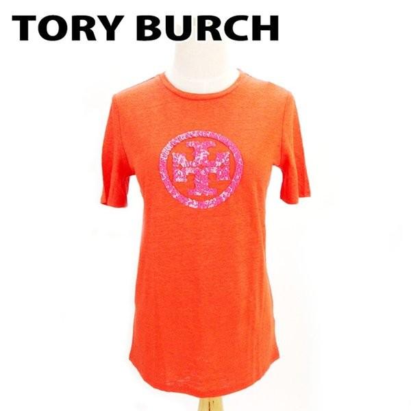 トリーバーチ Tory Burch Tシャツ スパンコールロゴ XS オレンジ