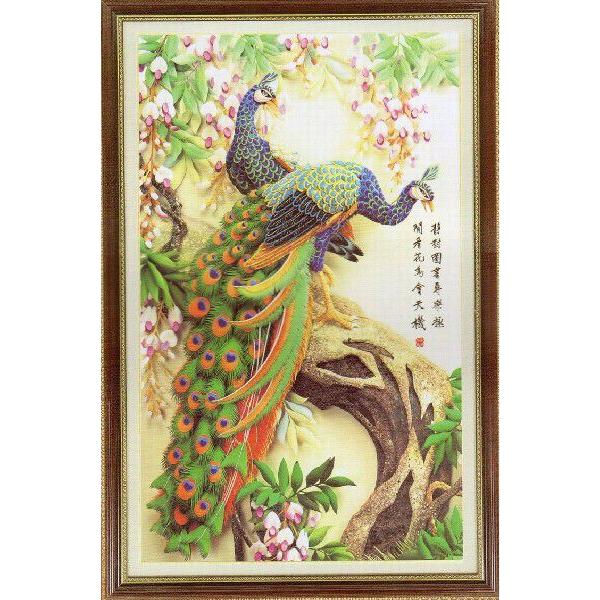 クロスステッチ完成品】富贵花开（孔雀:クジャク）