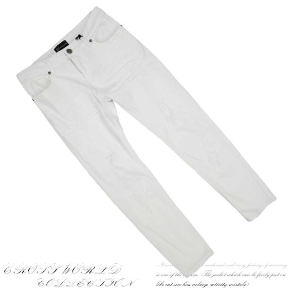 白 ダメージ デニム ( L ) メンズ ホワイト デニム スキニー ブラック