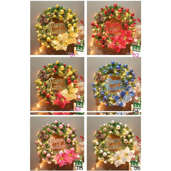 2枚で送料無料 christmasクリスマスリース玄関飾り/ 電球付かなし 6色 
