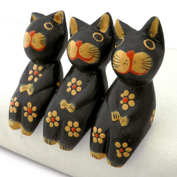 猫 雑貨 置物 木彫り お座り猫トリオ(黒)バリ猫 置物 三個セット