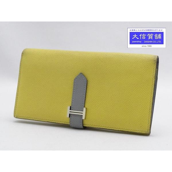 HERMES エルメス 三つ折り 長財布 ベアン バイカラー イエローxグレー  