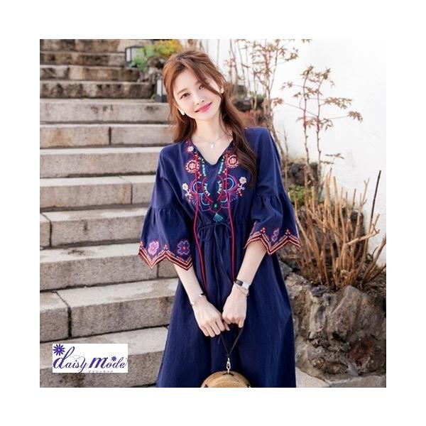 刺繍入り エスニック風 ロングワンピース★可愛い おしゃれ 夏服 エスニック風刺繍ワンピース マキシ丈 リゾートワンピース