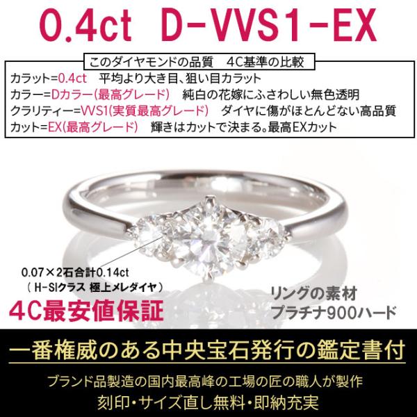 婚約指輪 安い 0.4ct D-VVS1-EX 婚約指輪 ティファニー6本爪サイド