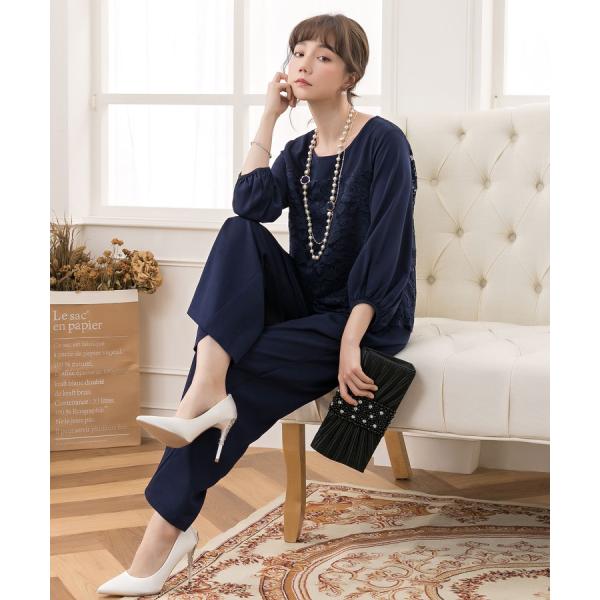 パンツドレス 結婚式 袖あり レース レディース ワイド パーティー