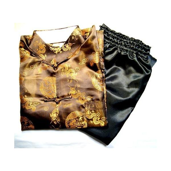 大人男性龍柄サテン地カンフースーツ(金龍柄・焦げ茶色) /【Buyee】