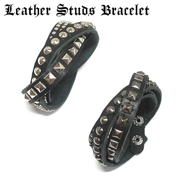 ブレスレット リストバンド スタッズ 黒革 3重巻き ロック Rock