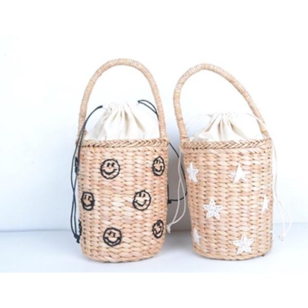 星柄刺繍カゴバッグ スマイル刺繍カゴバッグ パイナップル刺繍カゴ