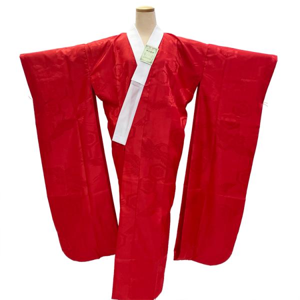 振袖用洗える長襦袢赤緋色S〜Lサイズ地紋入り半衿付き無双袖日本製