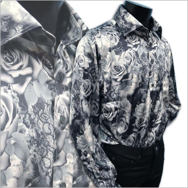 【美品】デザインシャツ 総柄シャツ 日本製 時計柄 花柄 薔薇柄 個性的 M