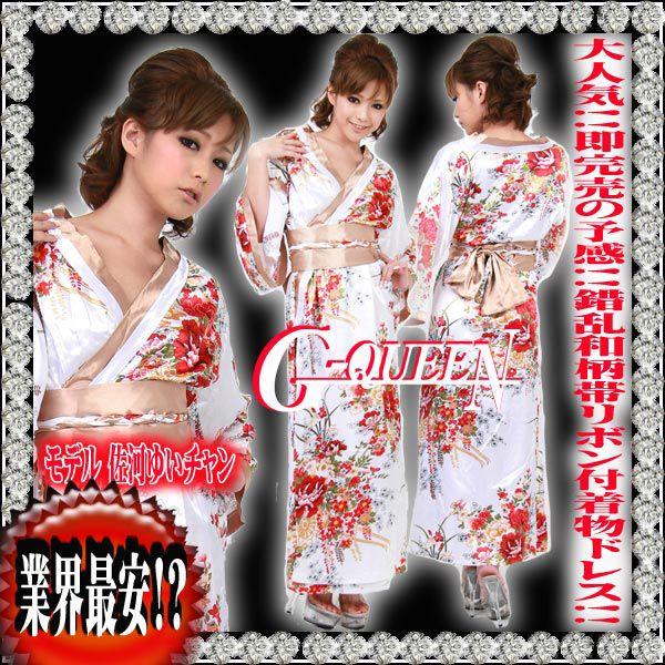 92941【新品】Setぉ着物ロングドレス☆白☆サテン花魁さくらん和柄帯 