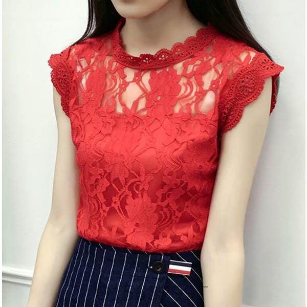 新品 大人気商品  ノコオーノ 黒 赤（レーストップス半袖 花柄フリル半袖トップス トップス