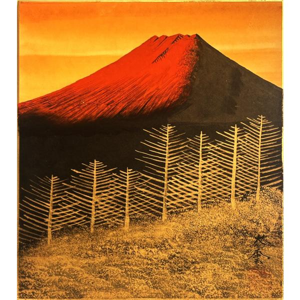 青柳大雲 「 赤富士 」 色紙絵 絵画 日本画 肉筆 手描き 真筆 富士山 ダイナミック 開運 招福 金運 力強い 風水 /【Buyee】