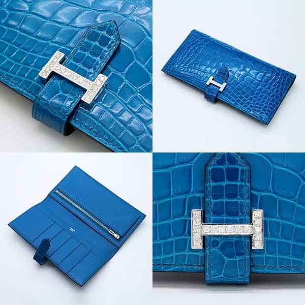 エルメス アザップロング アリゲーター　ブルーイズミール　シルバー金具 エルメス アザップロング アリゲーター ブルーイズミール