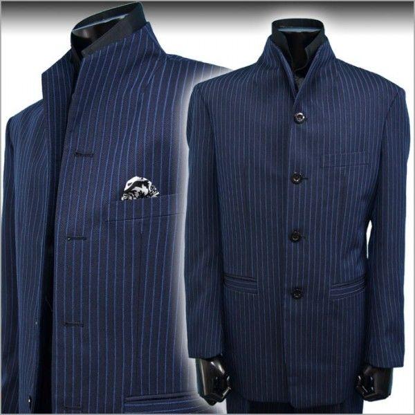 マオカラー　セットアップ スーツ ストライプ 秋冬・イタリアンカラースーツ マオカラースーツ 紺ネイビー
