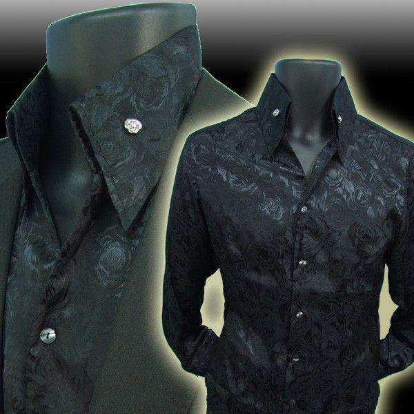 【福袋セール】 光沢調 長袖 黒ブラック オシャレ男のドレスシャツ ローズ薔薇柄 トップス