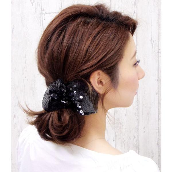 バナナクリップ リボン スパンコール ヘアアクセサリー 黒 ヘア 