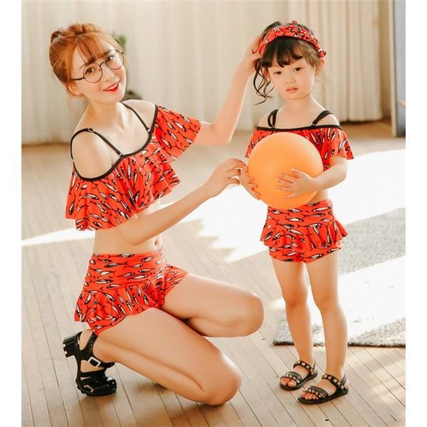 親子水着 レディース 子供 母娘 魚プリント 家庭水着 ワンピース