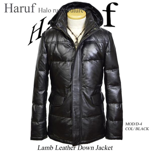 美品 希少XLサイズ Haruf ラムレザー ラクーンファー ダウンジャケット Haruf】ラクーンファー付きラムレザーダウンジャケット 本革 ブラック