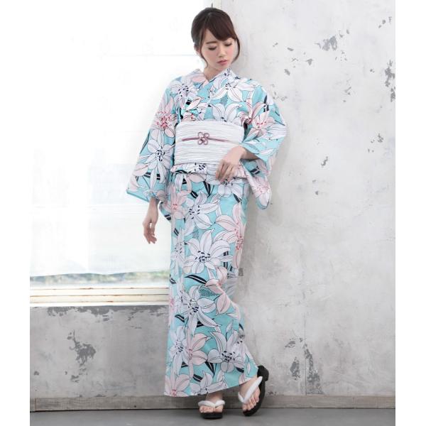 浴衣レディース3点セット(浴衣/帯/下駄) 水色百合(水色/百合