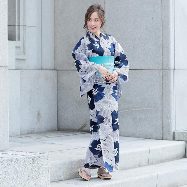 浴衣 レディース 3点セット (浴衣/帯/下駄) 紺 椿 (ネイビー/椿
