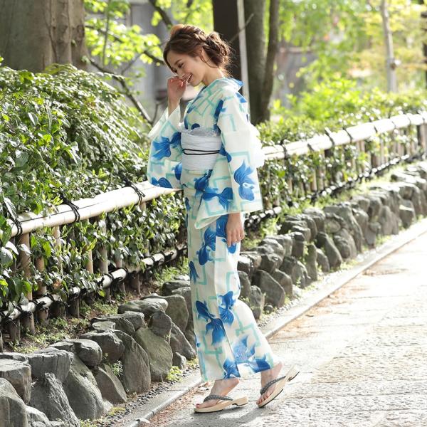 国産染め 浴衣 レディース 3点セット (ゆかた/帯/下駄) 青 金魚