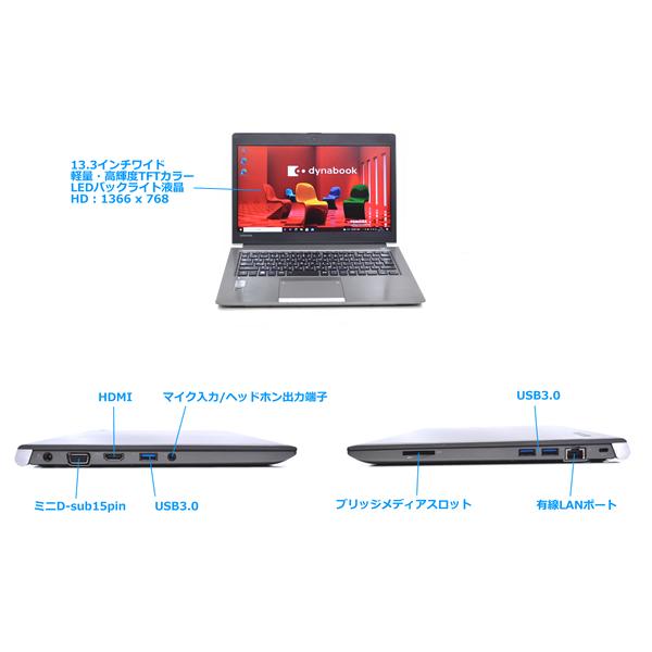 薄型・軽量 東芝 dynabook R63/P Core i5 5300U メモリ8GB SSD128G Wi