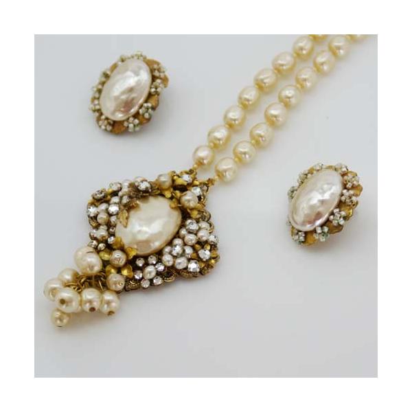 Miriam Haskell パール ネックレス、パールピアス、セット 海外直輸入》Miriam Haskell /ミリアムハスケル/ バロック模造