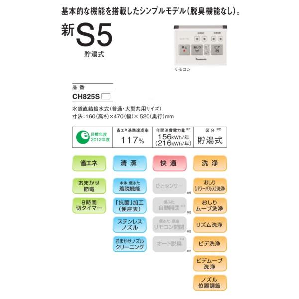 Panasonic 温水洗浄便座 ビューティ・トワレ 新S5タイプ カラー：ホワイト CH825SWS /【Buyee】