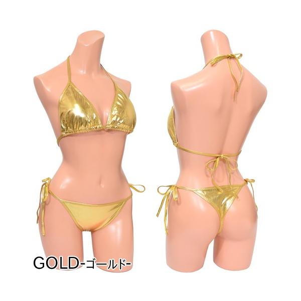 水着 レディース ビキニ 三角 Tバック セクシー メタリック ゴールド 2