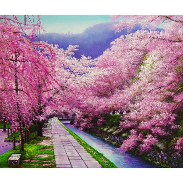 油絵 油彩 油彩画 絵画 絵【哲学の道の桜】 油絵 油彩 油彩画 絵 絵画 【廃線路の桜】 | HIROSHI1990