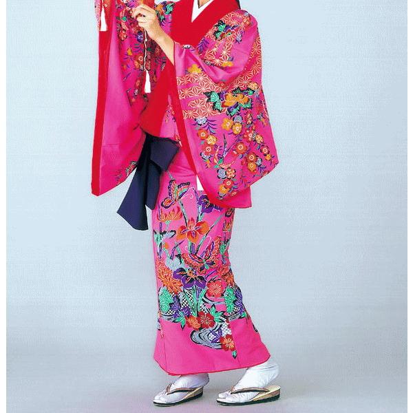琉球舞踊衣装ピンク蝶沖縄民謡紅型打掛洗える着物踊り衣裳舞台衣装