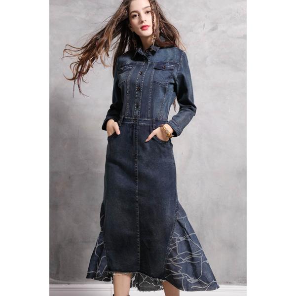 デニムワンピース コーデ 40代 レトロ ワンピース 長袖