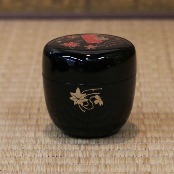 紅葉模様の茶道具棗 青白い