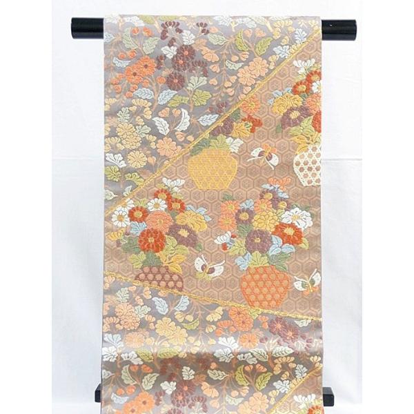 唐錦 袋帯 お仕立て上がり】【河合美術織物】裂取り四季花花壺文