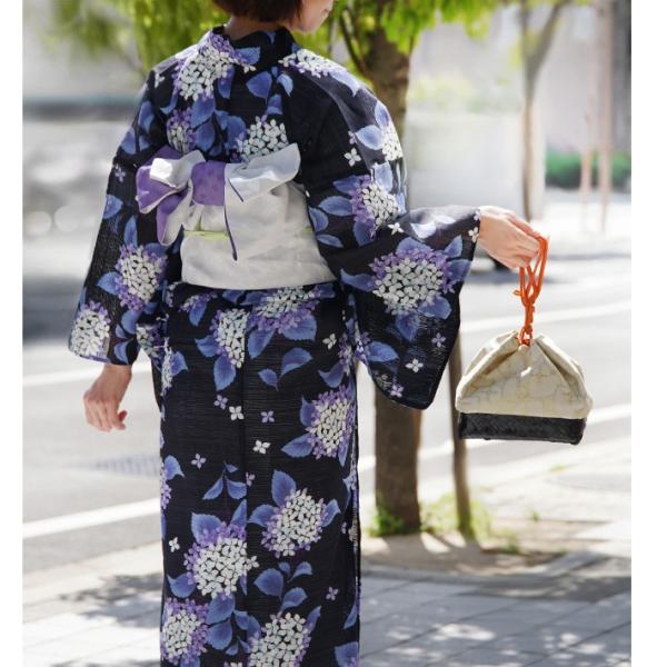 浴衣　黒　花柄　藤　紫　大人用